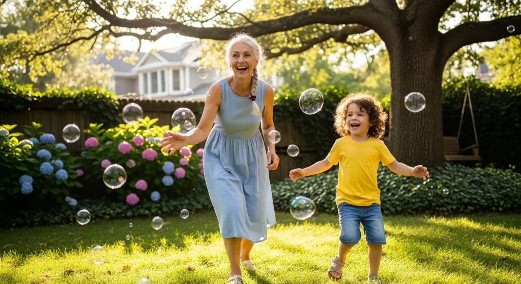 An older woman and a young child run and laugh together on a sunny green lawn, playing with soap bubbles.