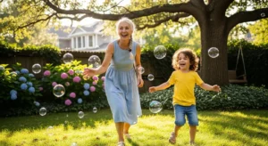 An older woman and a young child run and laugh together on a sunny green lawn, playing with soap bubbles.