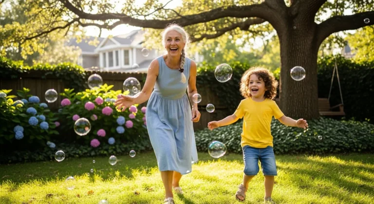 An older woman and a young child run and laugh together on a sunny green lawn, playing with soap bubbles.