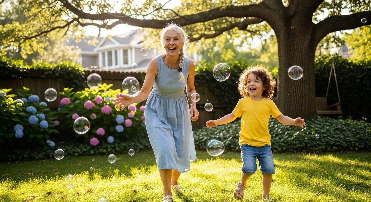 An older woman and a young child run and laugh together on a sunny green lawn, playing with soap bubbles.