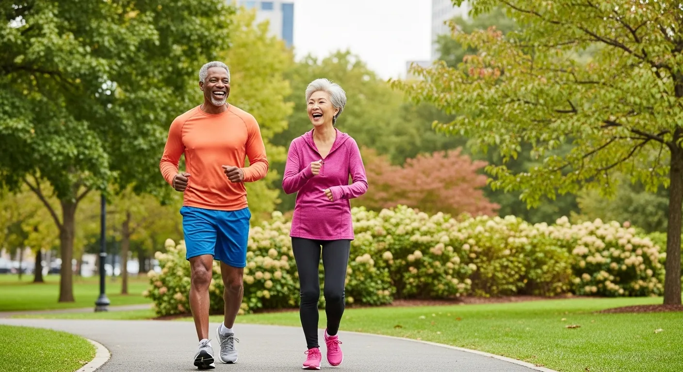 A senior man and woman laugh together while walking on a path in a green city park.