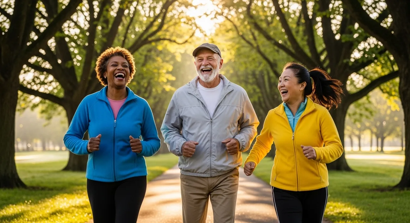 Three cheerful, diverse seniors laugh together while taking a brisk walk on a sunny day in a beautiful park.