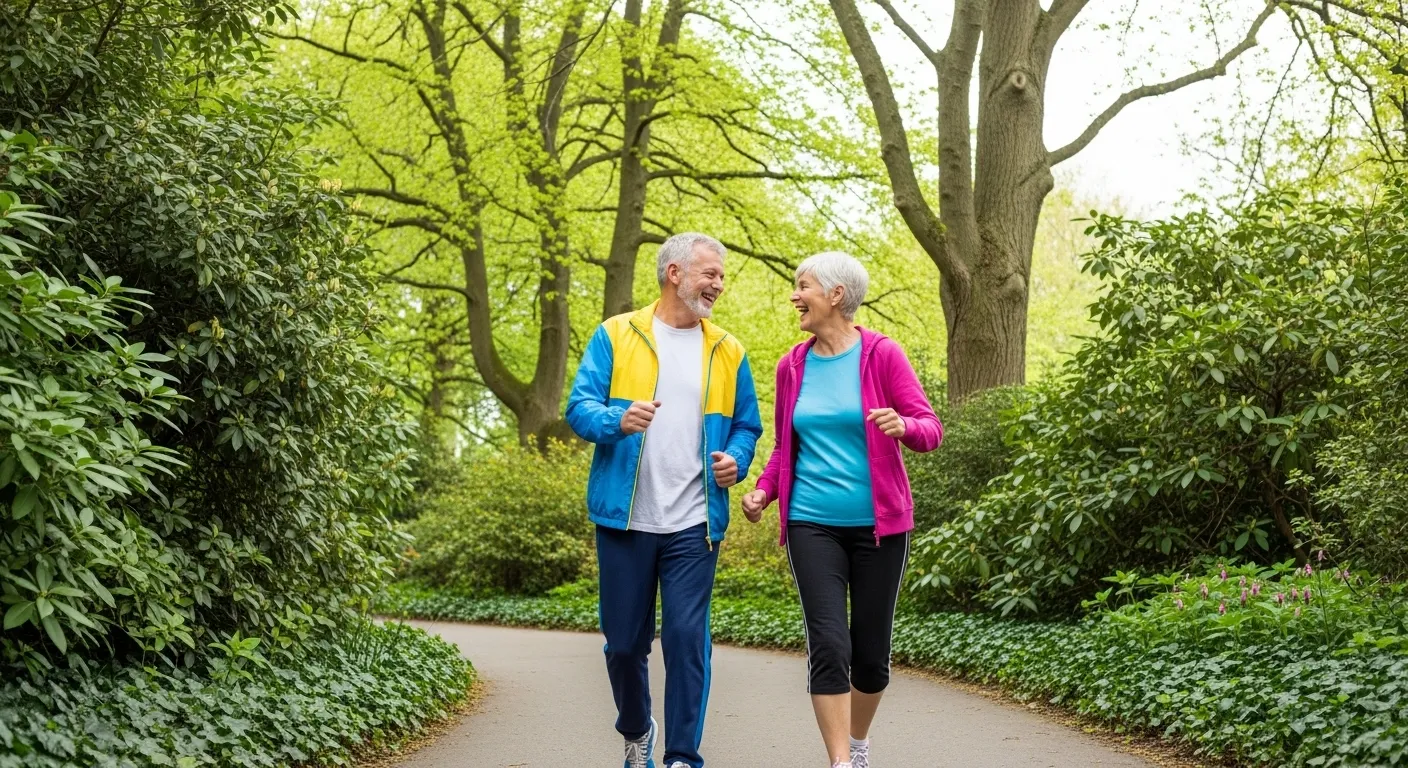 A happy senior couple in casual activewear laughs while walking together on a path in a vibrant green park.