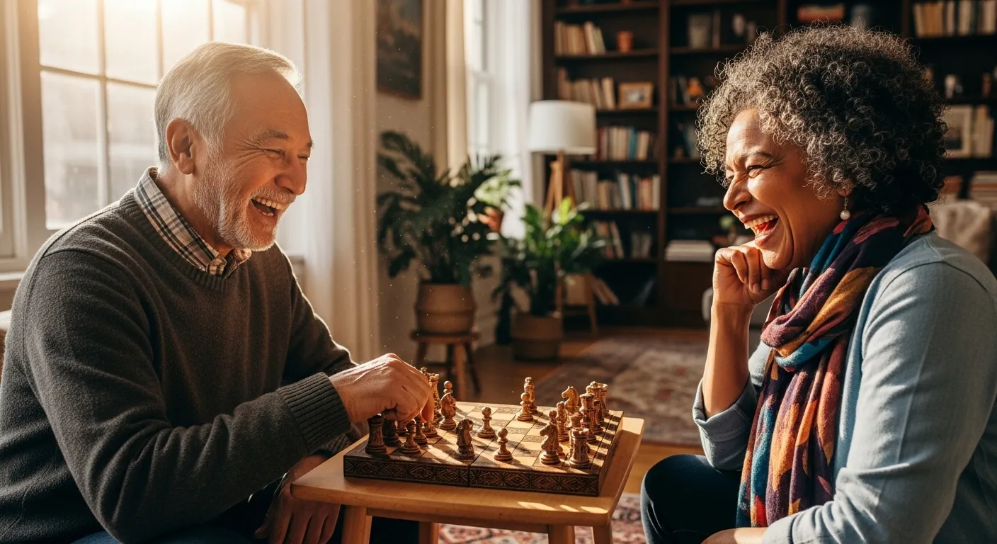 An older man and woman share a laugh while playing a board game at a table in a sunlit room.