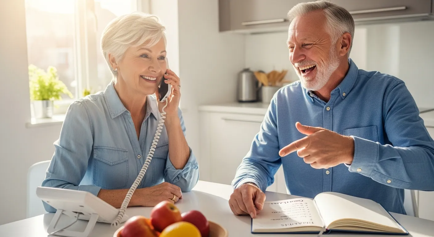 A smiling senior woman on the phone sits at a kitchen table next to her partner, who is laughing and pointing to a list in a notebook.