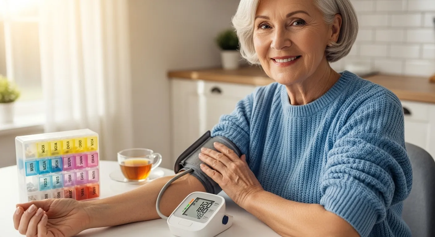 A smiling senior woman checks her blood pressure at a sunny kitchen table, with her pill organizer nearby.