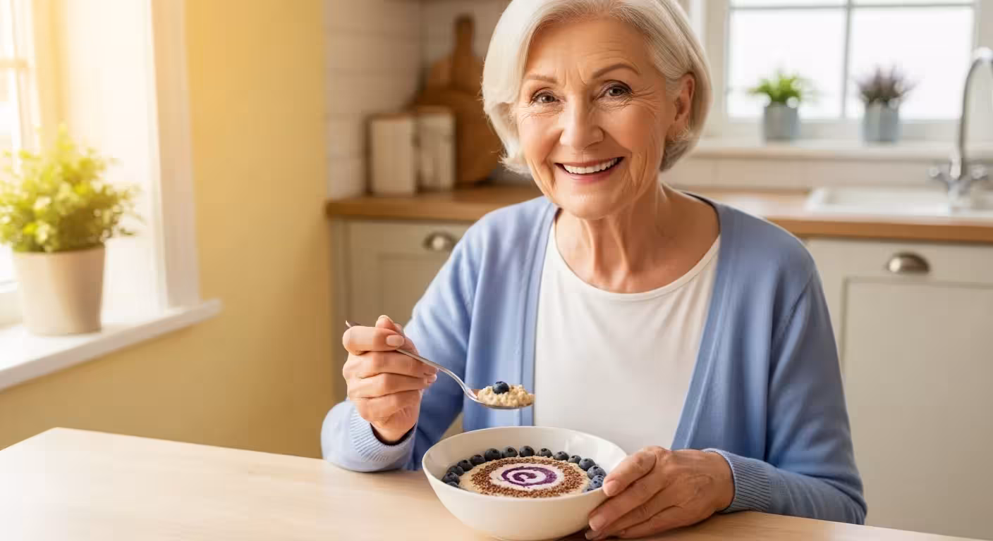A smiling senior woman in a sunlit kitchen is about to eat a healthy bowl of oatmeal topped with fresh blueberries.