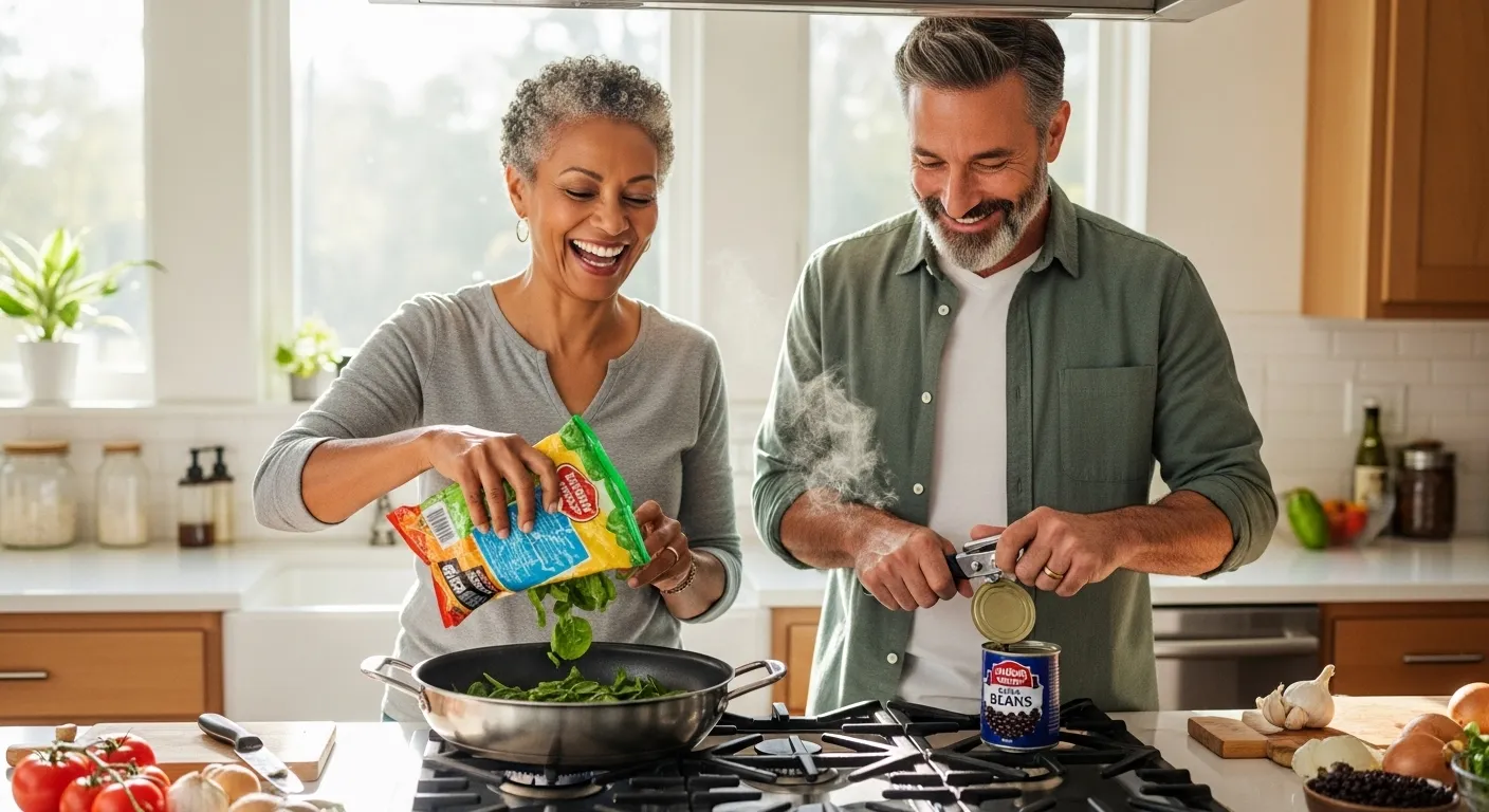 A diverse senior couple smiles and cooks a healthy meal with frozen vegetables and canned beans in a sunny kitchen.
