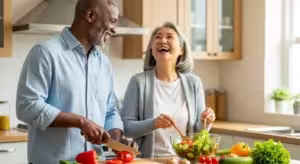 A smiling, older multiethnic couple happily prepares a healthy salad together in their bright, modern kitchen.