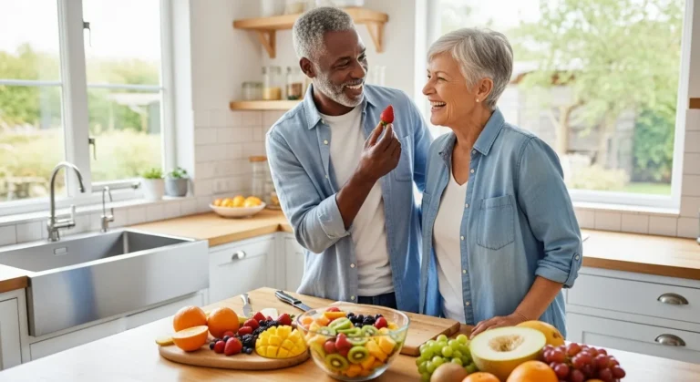 An older man and woman laugh together in a sunlit kitchen while making a colorful fruit salad with fresh berries.