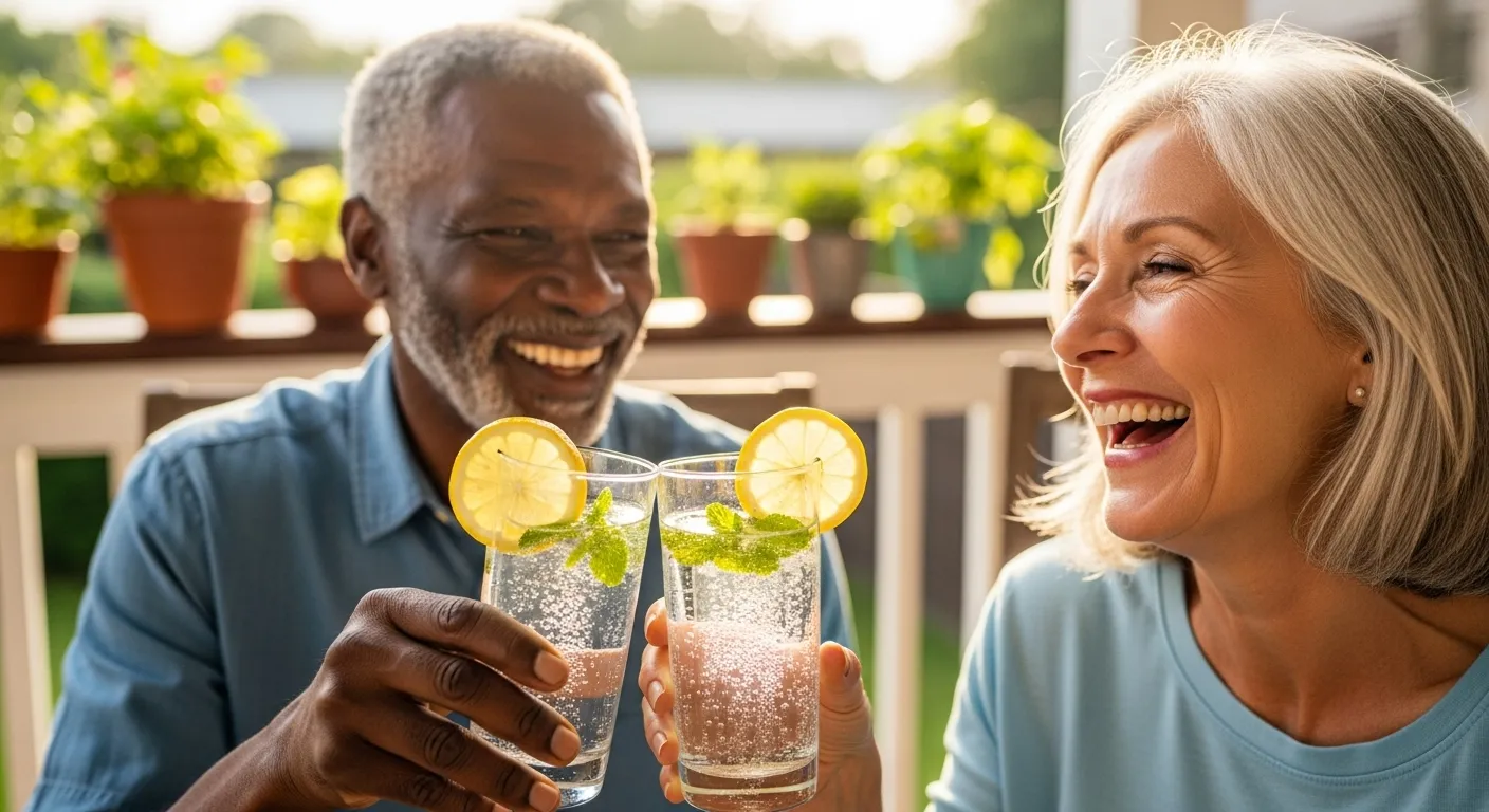 A smiling senior couple laughs together as they toast with glasses of sparkling water and lemon on a sunny porch.