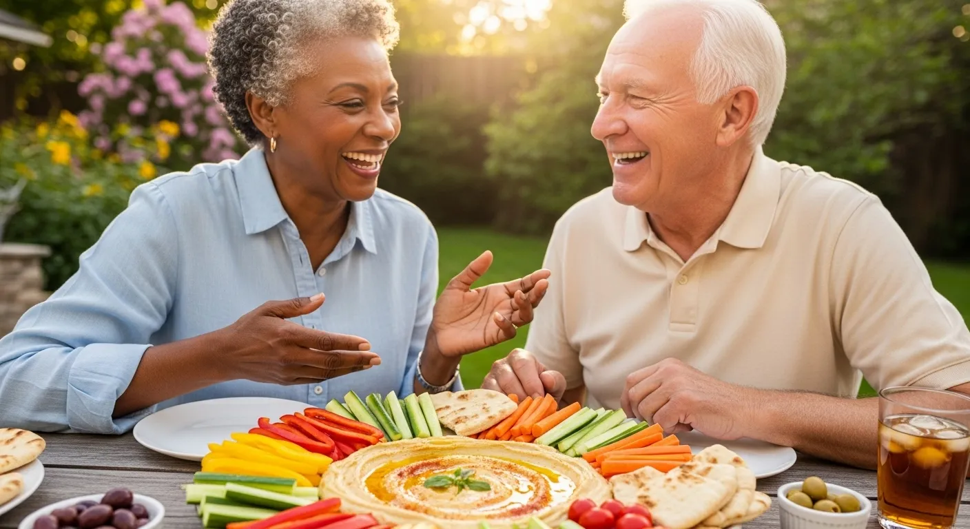 An older man and woman laugh while sharing a healthy snack of hummus and fresh vegetables on a sunny patio.