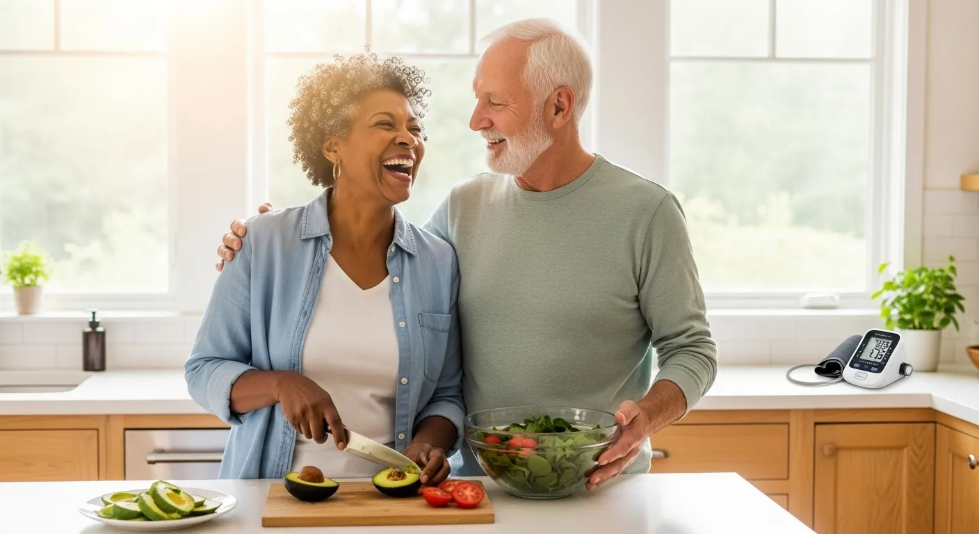 An older couple laughs while making a healthy salad with spinach and avocado in a bright, modern kitchen.