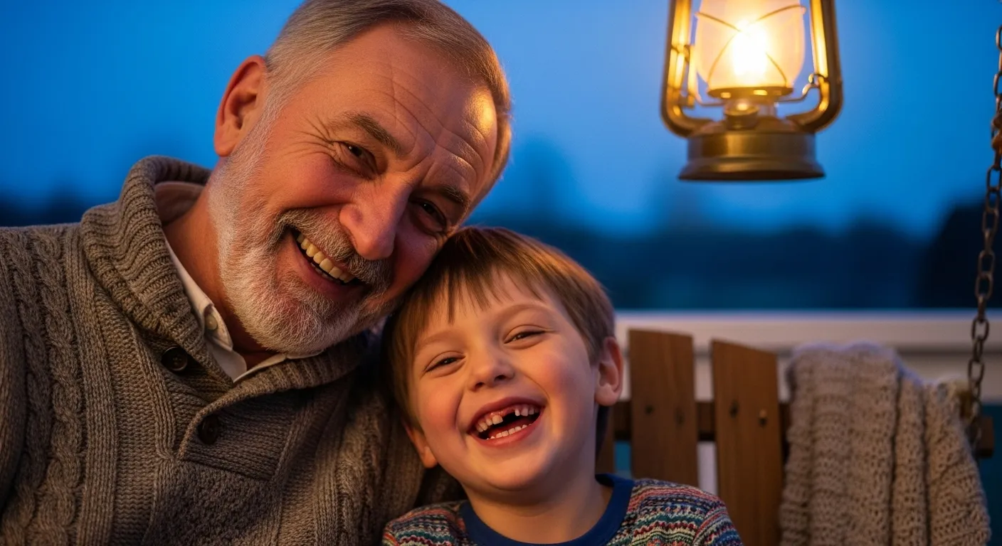 An elderly man and a young child sit close together on a porch swing at dusk, their faces lit by a warm light as they laugh heartily.
