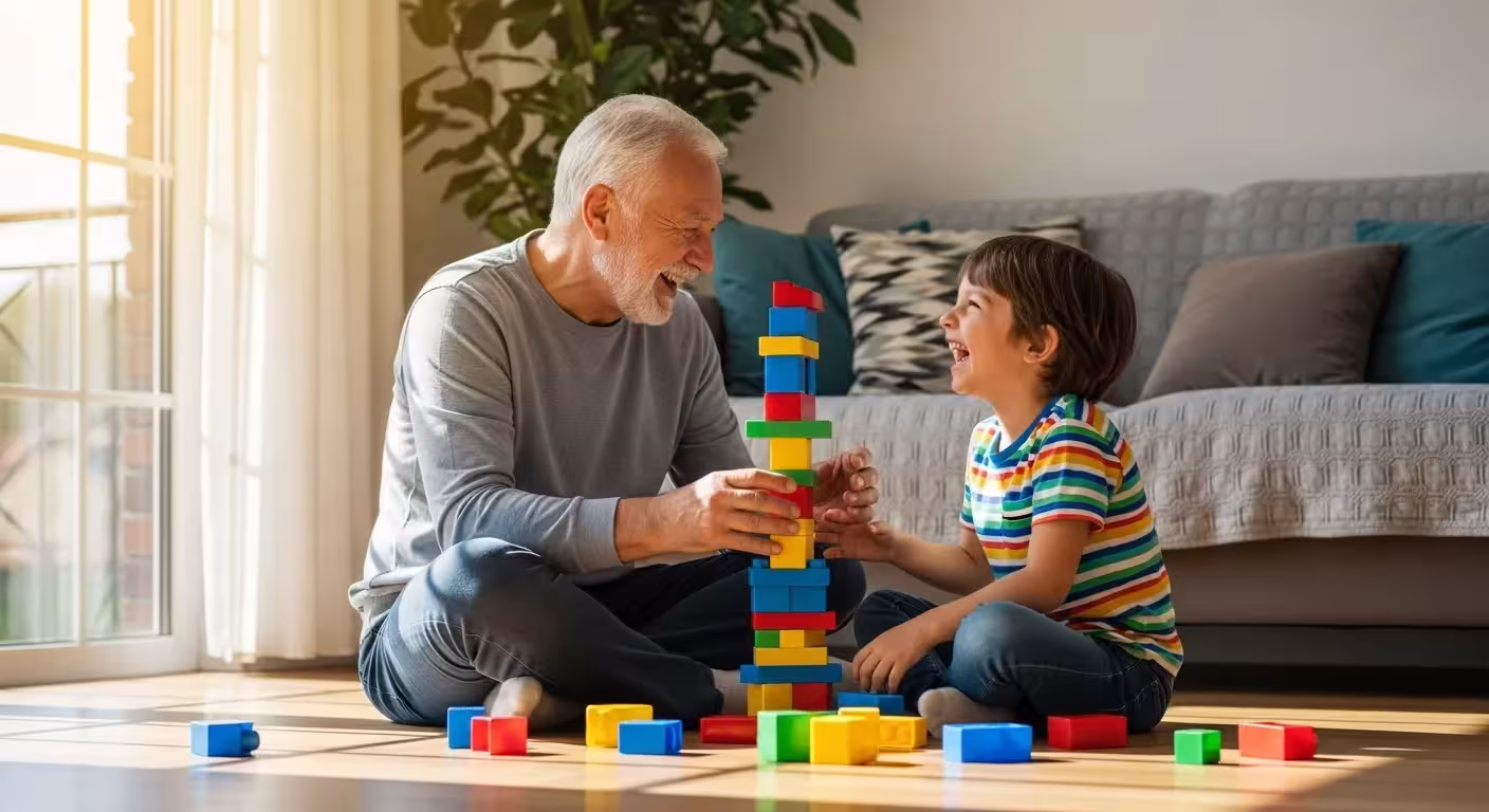 An older man and a young child laugh while playing with colorful building blocks on a sunlit living room floor.