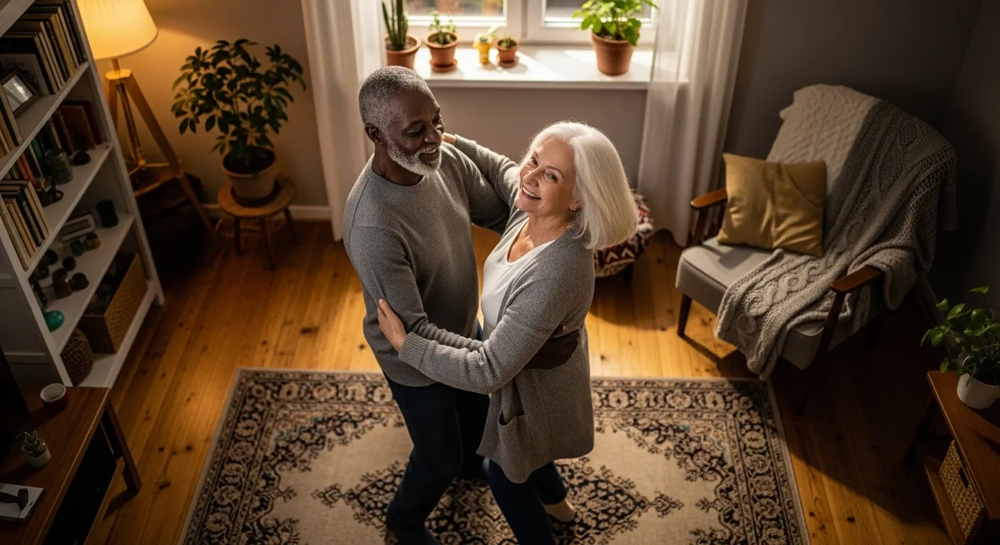 An older, diverse couple seen from directly above as they dance closely together in a warmly lit living room, both smiling with their eyes closed.
