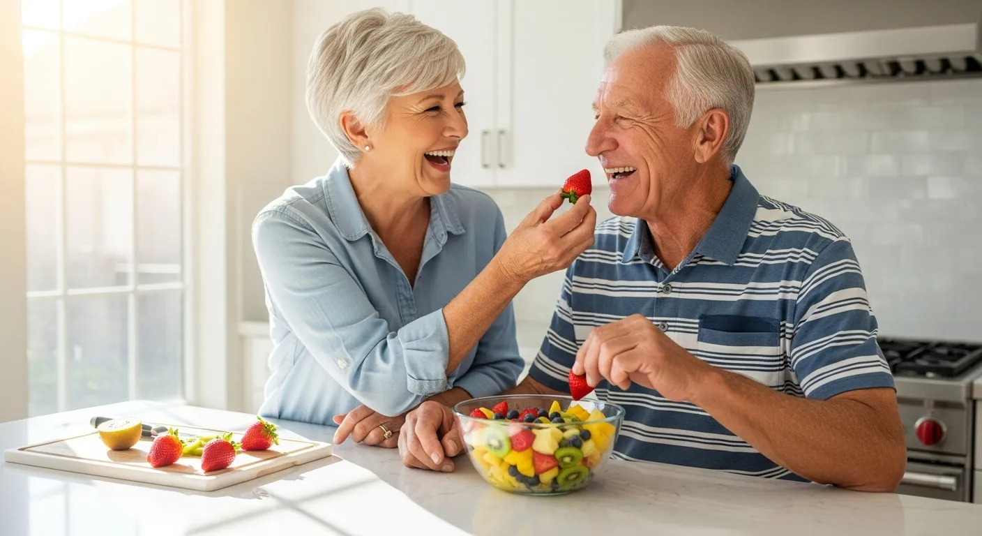 An older couple laughs while sharing a bowl of colorful fresh fruit salad in a bright, sunny kitchen.