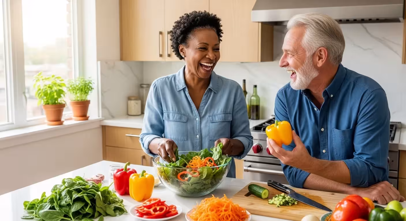 An older man and woman smile and laugh together as they chop fresh vegetables for a salad in a sunlit kitchen.