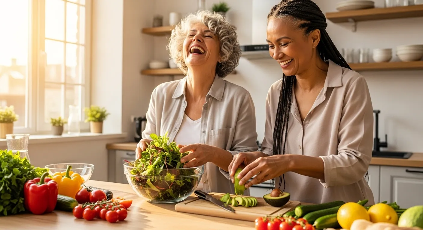 Two smiling senior women friends are in a bright kitchen, joyfully making a large, healthy salad together.