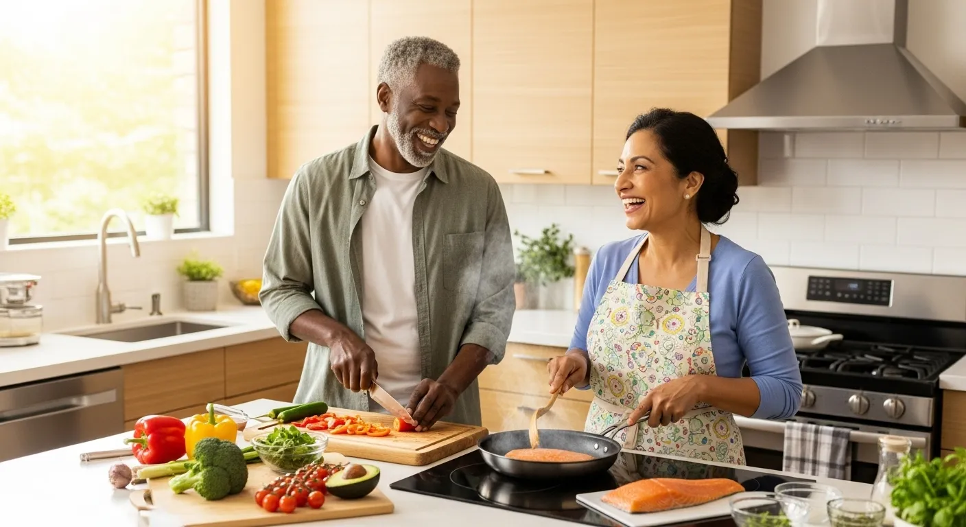 A smiling senior man and woman of diverse backgrounds joyfully cook a healthy meal of fish and vegetables together in a sunny kitchen.