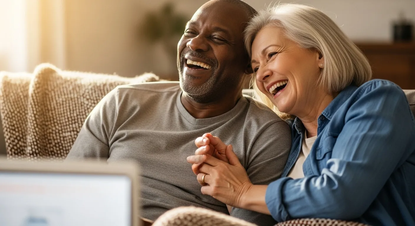 An older man and woman sit close together on a couch, their faces lit with laughter as they watch a laptop in a sunlit living room.
