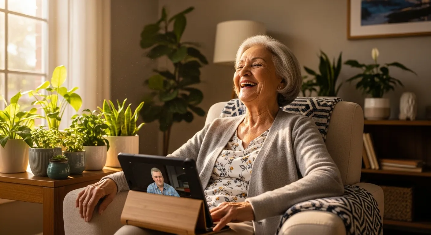 A senior woman with glasses sits on a couch and laughs out loud while looking at a tablet computer in a bright, sunny room.