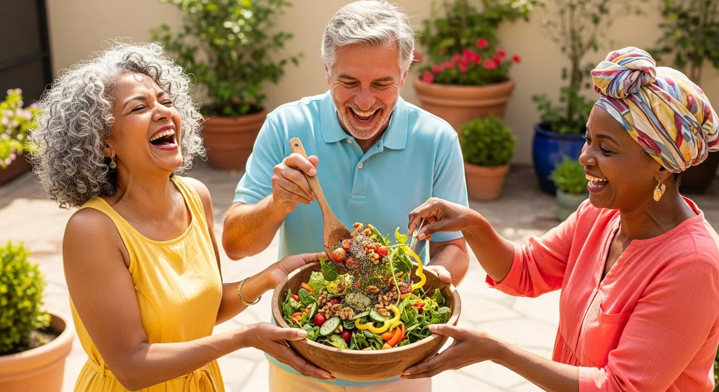 Three cheerful, diverse senior friends laugh together while preparing a large, healthy salad with walnuts on a sunny patio.
