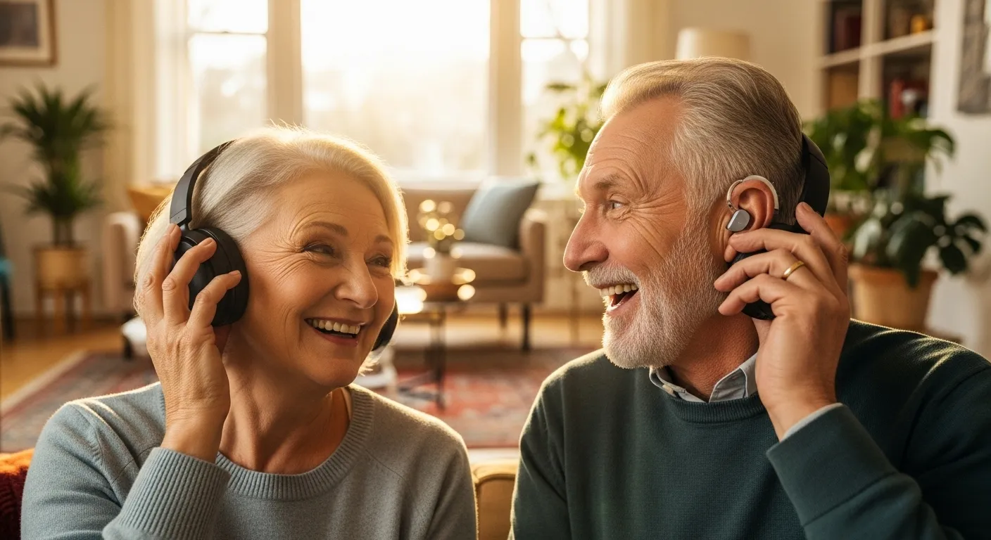 An older couple laughs while sharing headphones in a sunny room; the man is also wearing a hearing aid.
