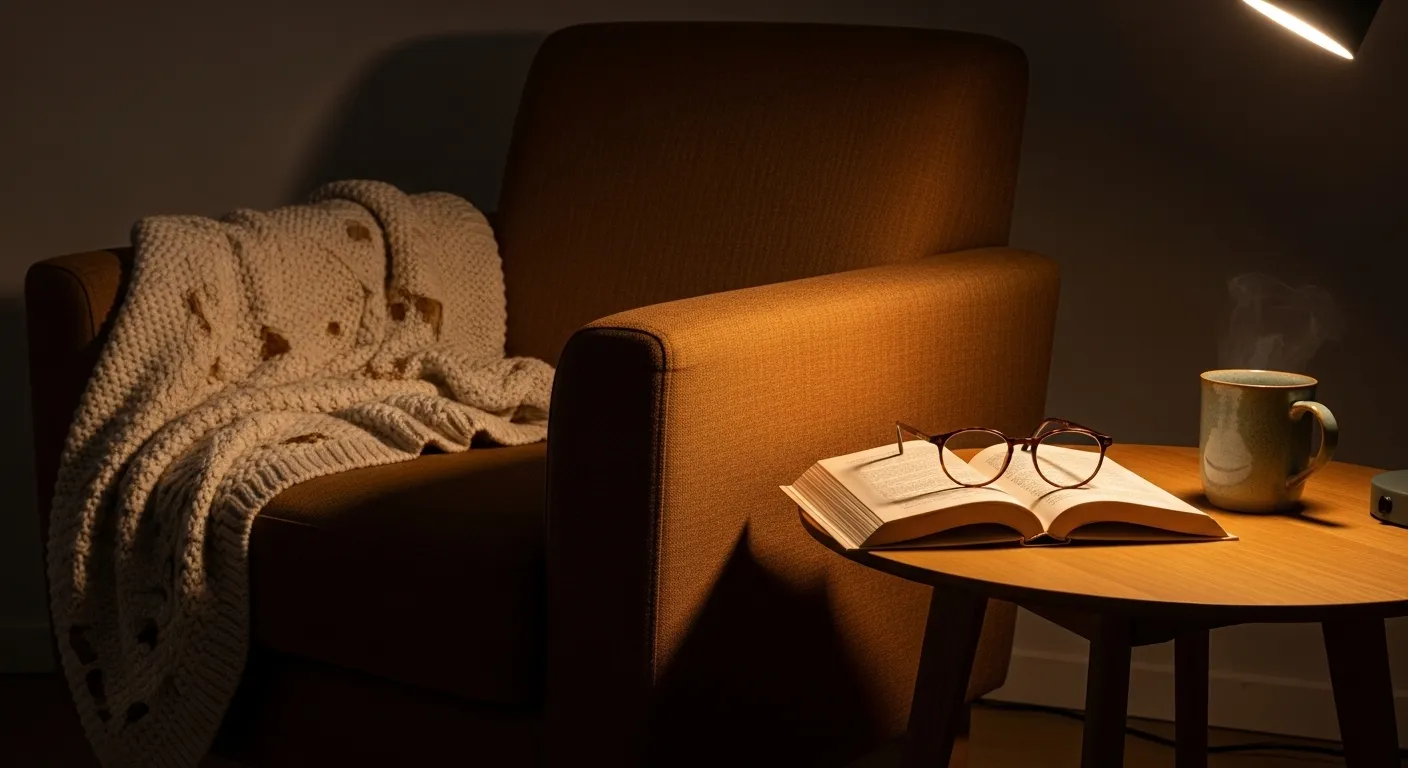 A cozy armchair next to a side table with a book, glasses, and a mug, illuminated by a single warm lamp at night.