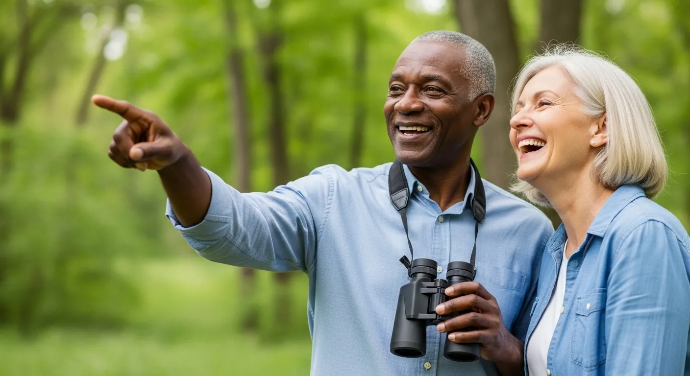A senior man and woman smile and laugh together while birdwatching on a nature trail.