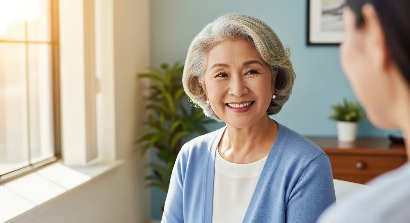 A senior woman smiles warmly while sitting in a bright, modern doctor's office during a consultation.