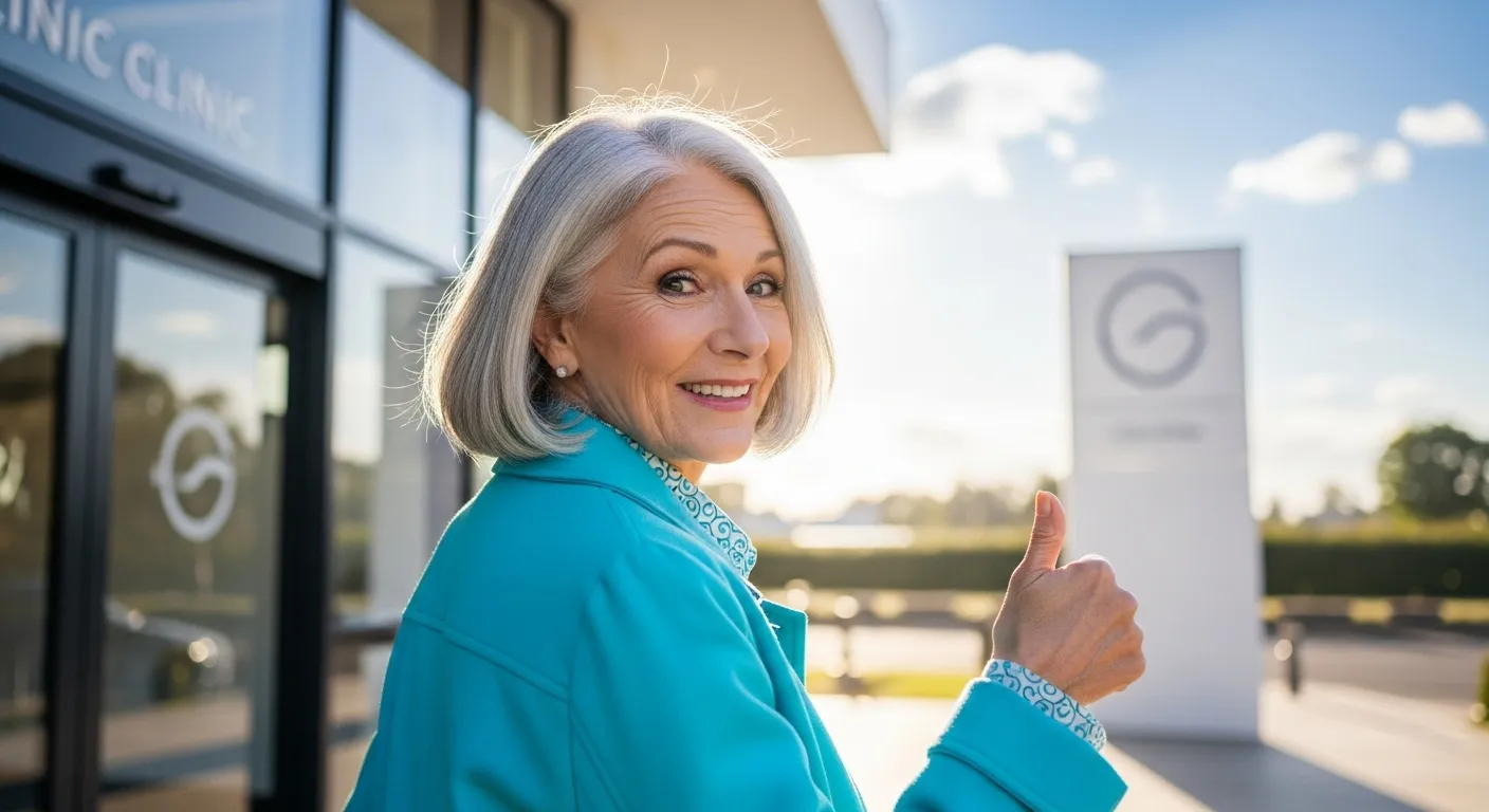 A senior woman smiles and gives a thumbs-up as she walks in the bright sun after leaving a building.