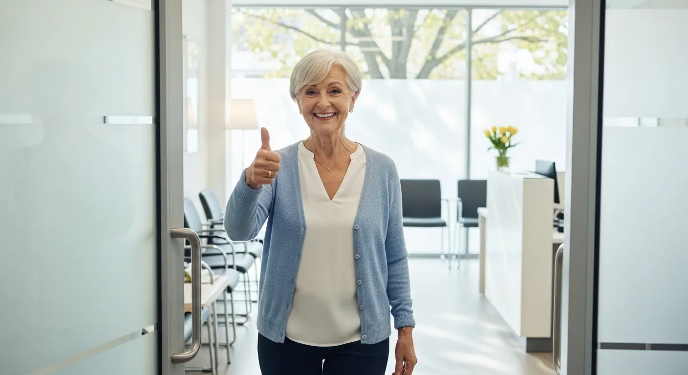 A smiling senior woman gives a thumbs-up in a brightly lit, modern medical office lobby.