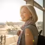 A smiling senior woman with a vaccine band-aid on her arm looks out a bright window at an airport, appearing happy and ready to travel.