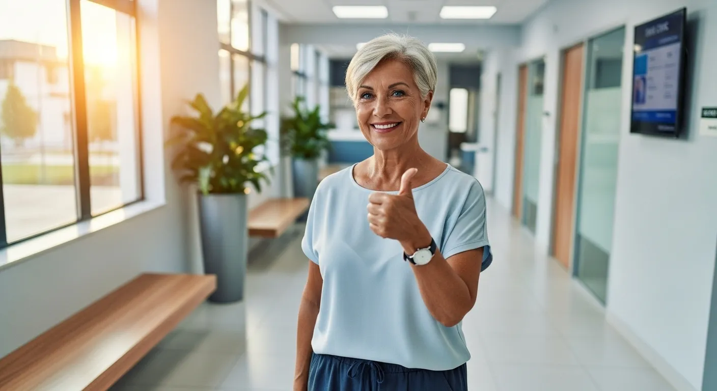 A smiling senior woman in a bright, modern clinic hallway, looking relieved and happy after a check-up.