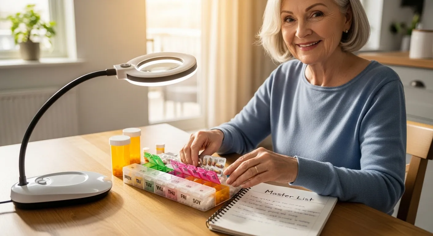 A smiling senior woman sits at a sunny table, using a magnifying lamp to help organize her pills into a weekly caddy.