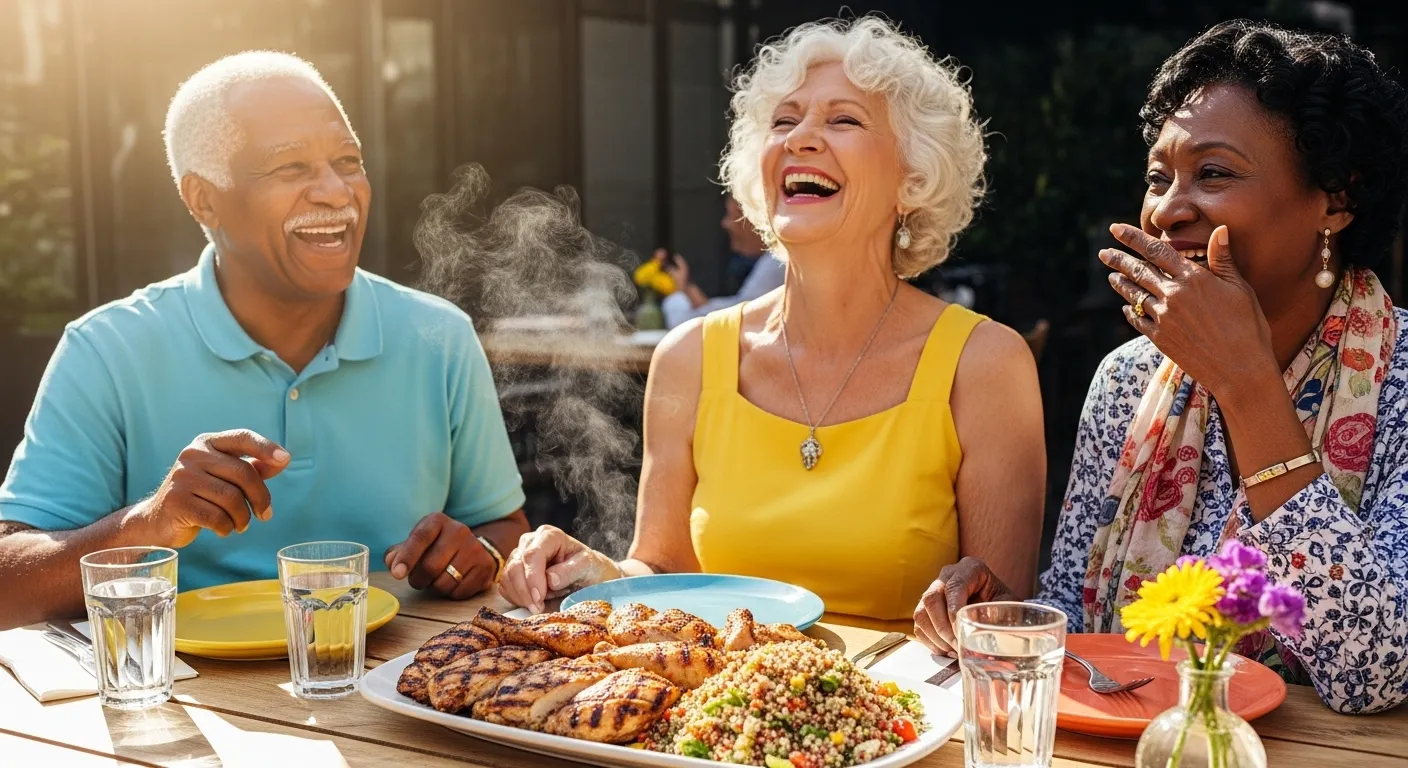 Three happy, diverse older friends share a healthy meal of grilled chicken and salad at a sunny outdoor table.