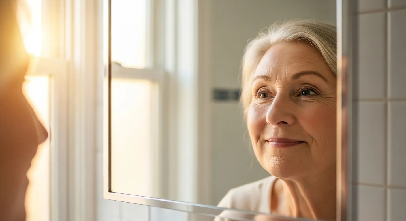 A senior with gray hair looks at their reflection in a sunlit bathroom mirror, practicing a small, gentle smile.