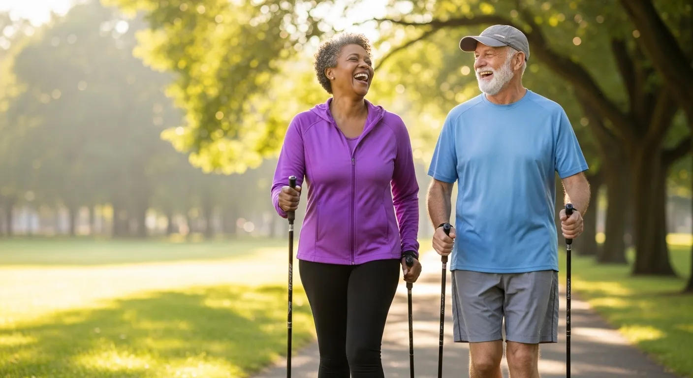 A smiling senior man and woman enjoy a power walk together on a sunny park trail. The woman is using walking poles.