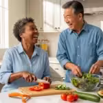 A smiling senior man and woman of different ethnicities prepare a healthy salad together in a bright kitchen. An easy-grip vegetable peeler is on the