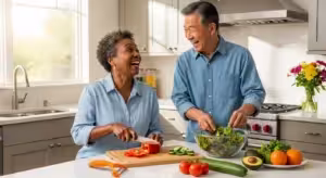 A smiling senior man and woman of different ethnicities prepare a healthy salad together in a bright kitchen. An easy-grip vegetable peeler is on the