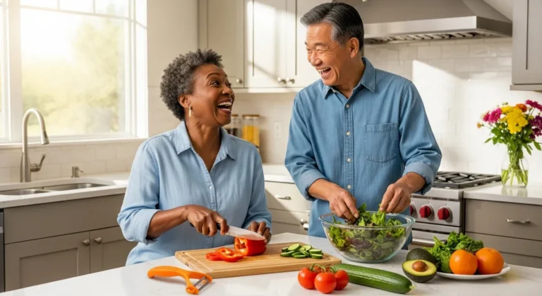 A smiling senior man and woman of different ethnicities prepare a healthy salad together in a bright kitchen. An easy-grip vegetable peeler is on the