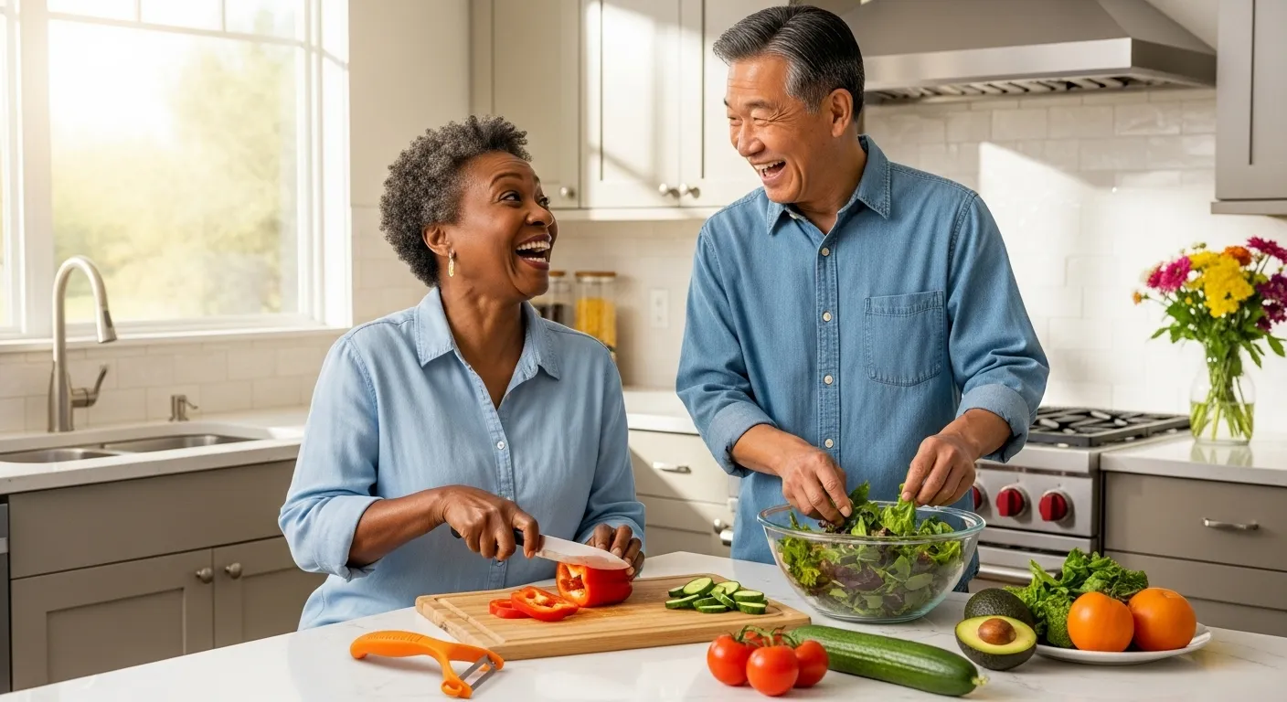 A smiling senior man and woman of different ethnicities prepare a healthy salad together in a bright kitchen. An easy-grip vegetable peeler is on the 