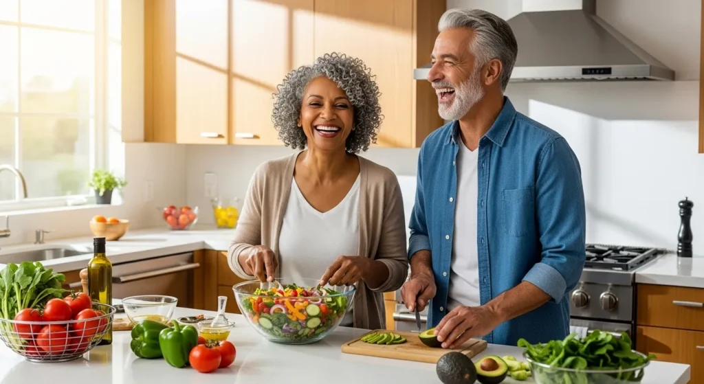 A happy senior man and woman of different ethnicities share a laugh while chopping colorful vegetables together in a bright, sunny kitchen.