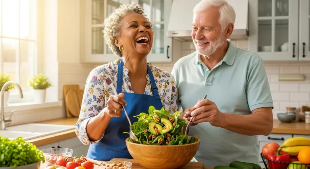 An older man and woman smile and laugh together while making a fresh, healthy salad in a bright, modern kitchen.