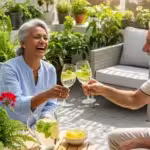 A smiling older man and woman touch their glasses together in a toast. The glasses are filled with water, lemon, and mint on a sunny patio.