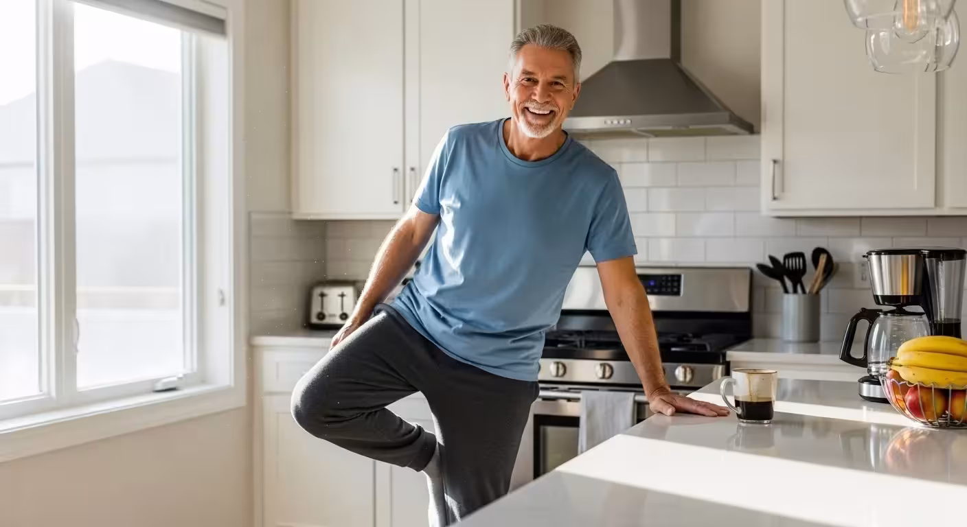 A smiling senior man in a sunlit kitchen practices a one-leg balance exercise while holding onto the countertop.