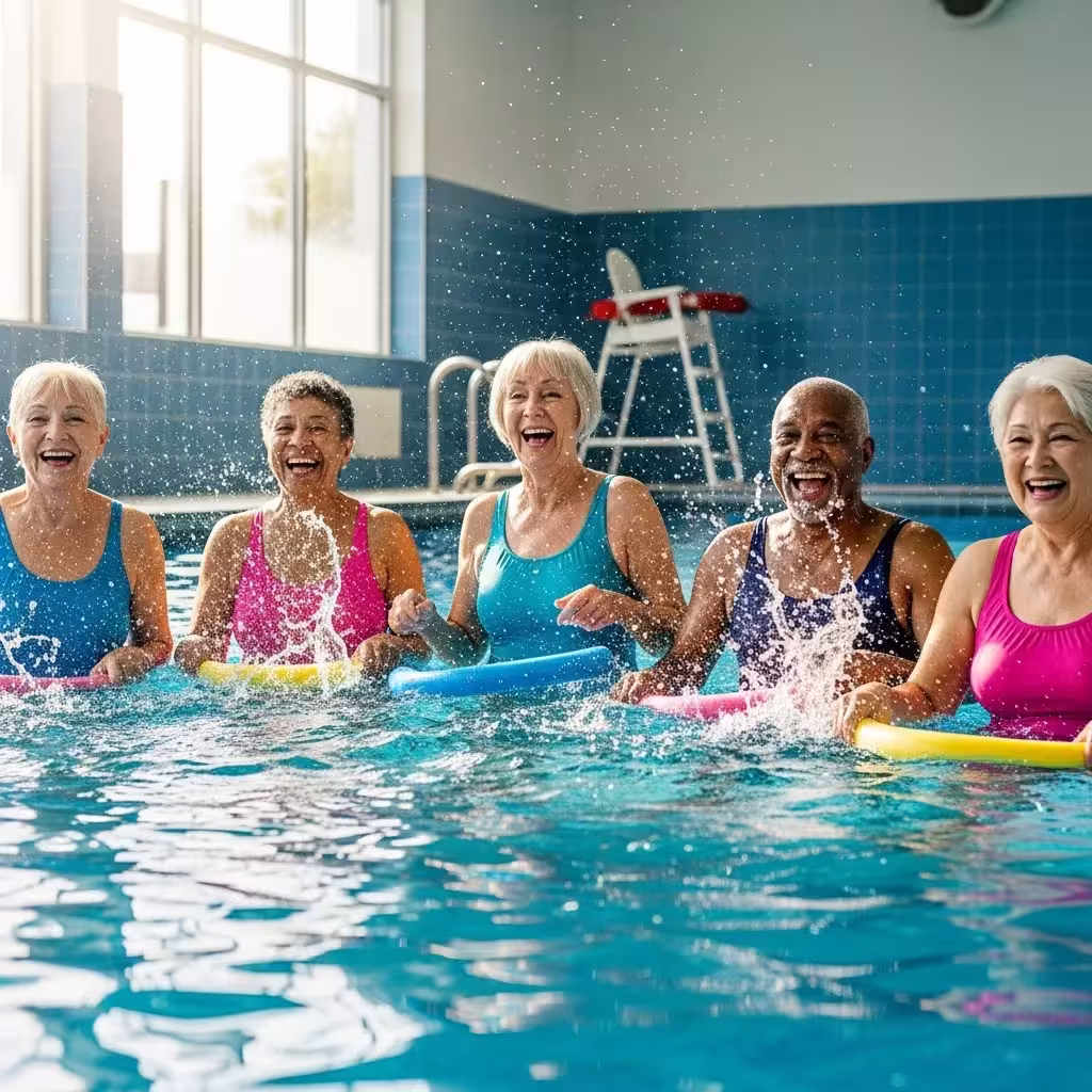 A group of cheerful seniors participates in a lively water aerobics class in a sunlit indoor swimming pool.