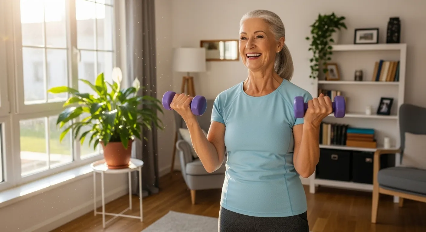 A smiling senior woman feels strong and accomplished while lifting light weights as part of her fitness routine at home.
