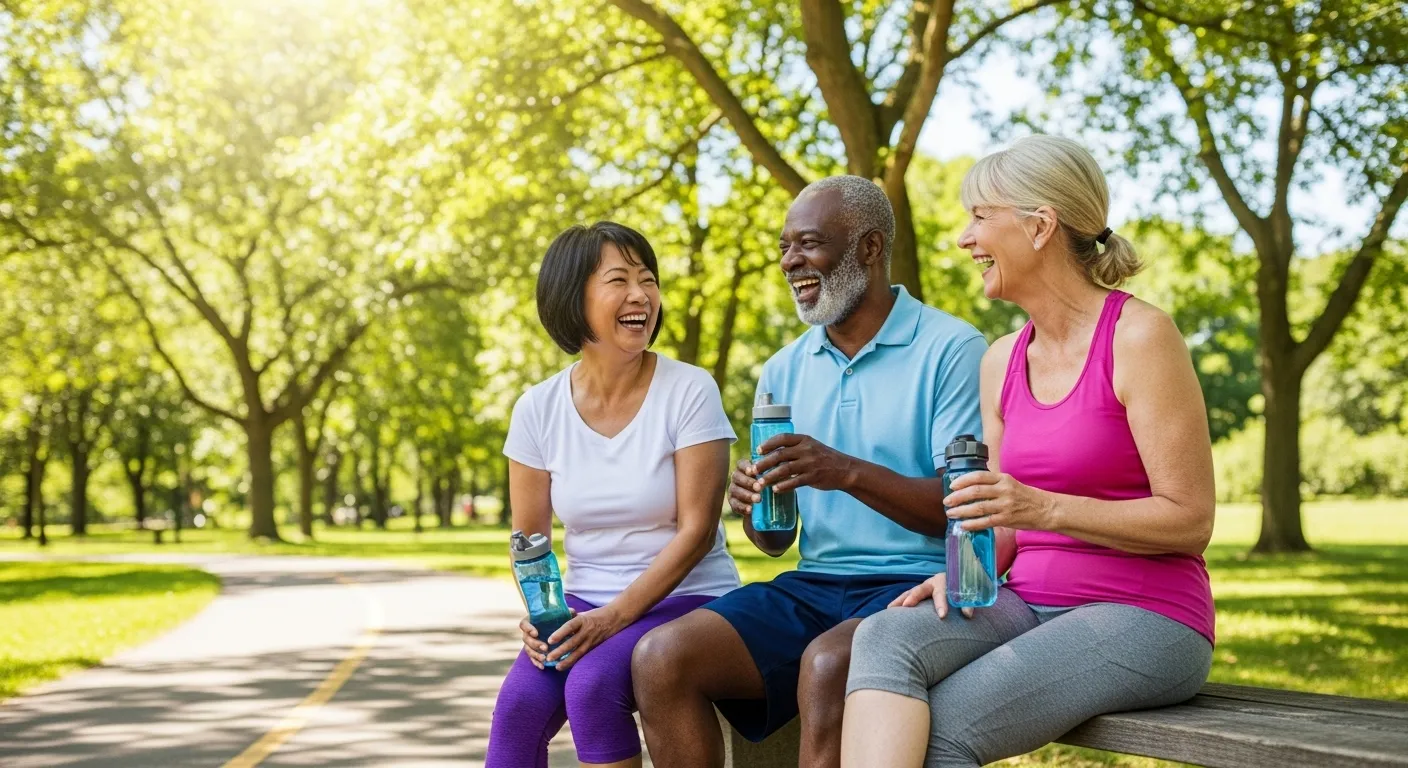 A diverse group of three seniors in athletic clothes laugh and drink from water bottles while taking a break from a walk in a sunny park.